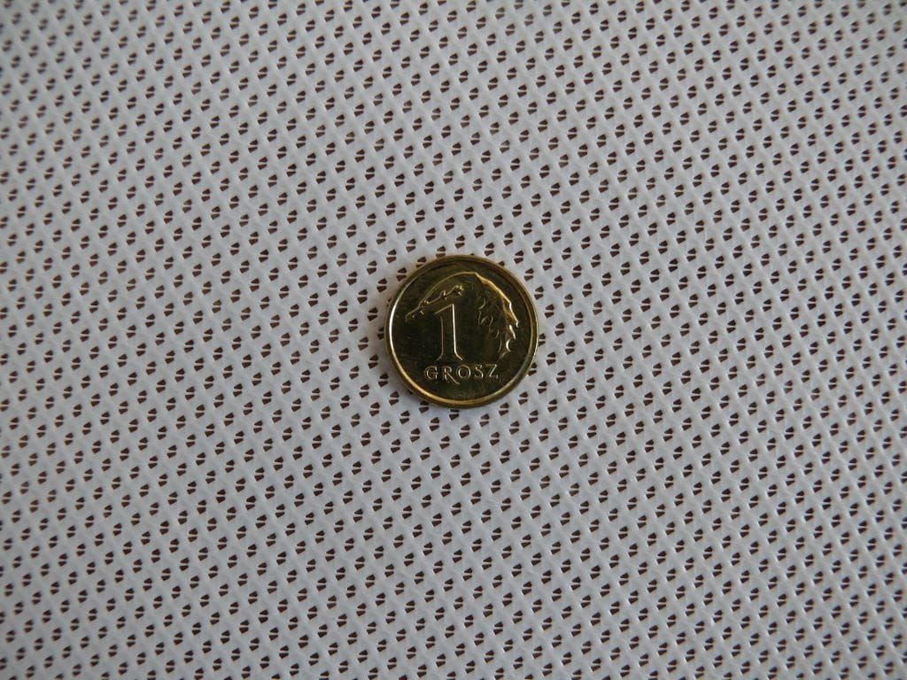 Primer plano de una moneda de 1 grosz sobre una protección de balcón blanca con malla densa de tipo económico