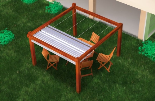 Store romain de terrasse Premium imperméable de 2,5x3 m monté sur une pergola en bois dans un jardin