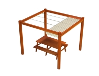 Store romain de terrasse Premium 3x3 m imperméable couleur crème sur une pergola en bois avec table de jardin