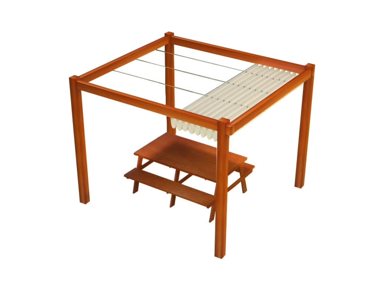 Store romain de terrasse 3x4 m sur une pergola en bois avec table marron et bancs de jardin en arrière-plan