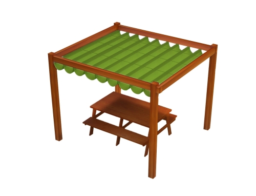 Store romain de terrasse imperméable 4x4 m vert sur une pergola en bois avec banc et table