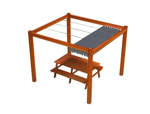 Store romain de terrasse imperméable 4x4 m Premium gris cendré sur une pergola en bois avec banc et table