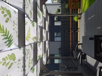 Bande de pavillon imperméable avec imprimé feuilles vertes installée comme pare-soleil sur la structure d'une tonnelle