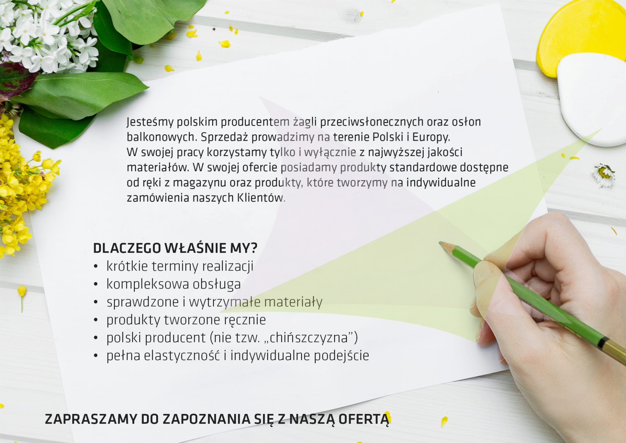 Ulotka informacyjna polskiego producenta żagli przeciwsłonecznych i osłon balkonowych z listą zalet produktów