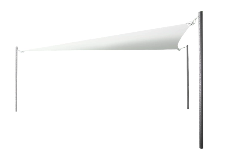 Toldo vela triangular blanco de 5x5x7 m con postes y acabado de estilo moderno