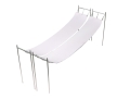 Witte Romeinse zonneband 2,1x7 m gemonteerd op een metalen frameconstructie