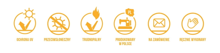 Sada ikon produktu: UV ochrana, ohňovzdorný, vyrobené v Poľsku, na zakázku a ručne vyrobená plachta.