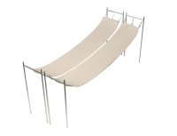 Voile d'ombrage romain imperméable pour terrasse en tissu beige, suspendu à une structure métallique