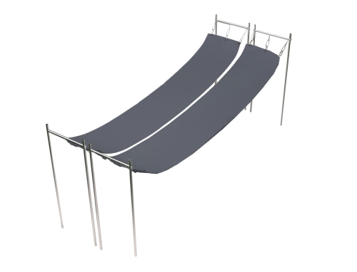Store romain imperméable sur mesure gris, monté sur une structure de terrasse métallique