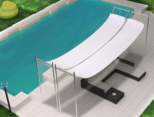 Vélum romain blanc imperméable sur mesure installé au-dessus des meubles de terrasse près de la piscine