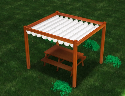Store romain de terrasse blanc 2,5x4 m monté sur une pergola en bois au-dessus d'une table de jardin sur l'herbe
