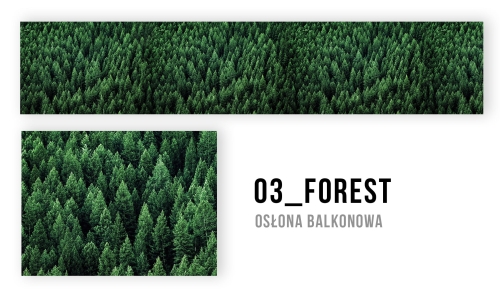 Balkónová clona na mieru s grafikou hustého ihličnatého lesa pri pohľade zhora v tmavozelenej farbe