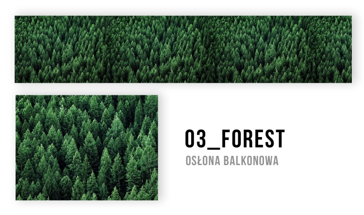Osłona balkonowa na wymiar z grafiką gęstego lasu iglastego widocznego z góry w ciemnozielonej kolorystyce