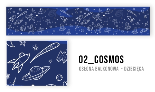 Osłona balkonowa dziecięca z motywem kosmosu, rakietami i planetami na ciemnoniebieskim tle