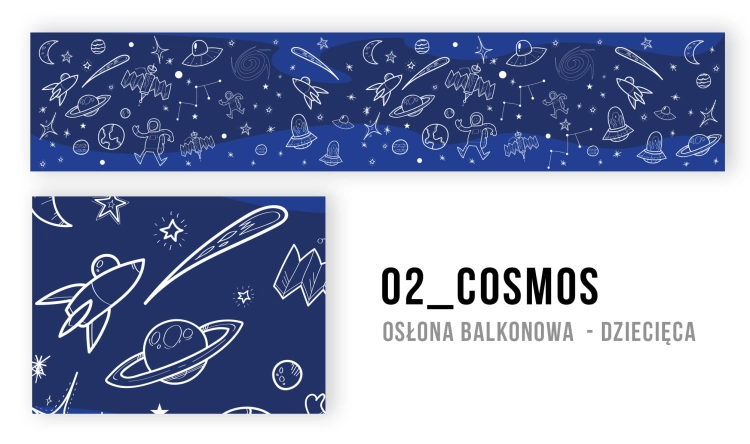 Osłona balkonowa dziecięca z motywem kosmosu, rakietami i planetami na ciemnoniebieskim tle