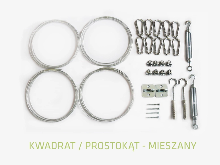 Montageset für Sonnensegel: Stahlseile, Karabiner, Spannschlösser, Klemmen und Halterungen auf weißem Hintergrund