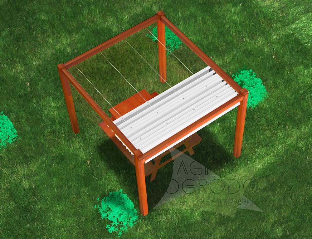 Store romain blanc sur pergola de jardin en bois avec kit de montage mini pour murs et structures en bois