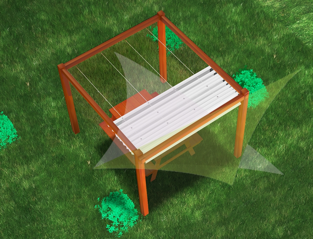 Raffrollo Weiß auf Holzgartenpergola mit Montage-Set für Metall Mini