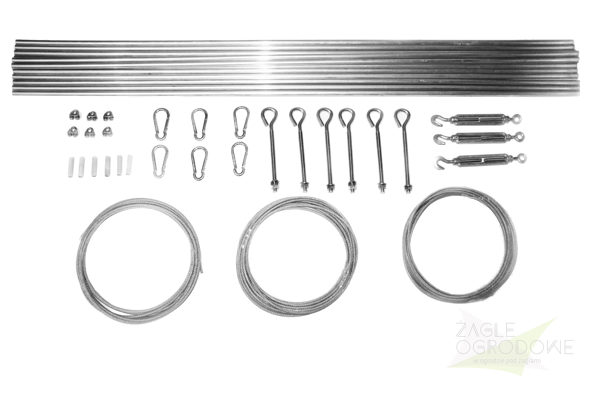 Kit de montage pour store bâteau de terrasse : tubes en aluminium, câbles d'acier, tendeurs et mousquetons