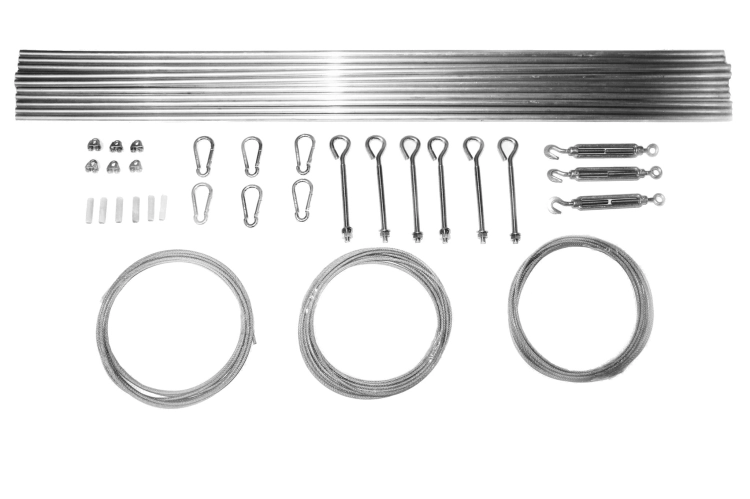 Kit de montage pour store bâteau de terrasse : profilés en aluminium, câbles en acier, tendeurs et mousquetons