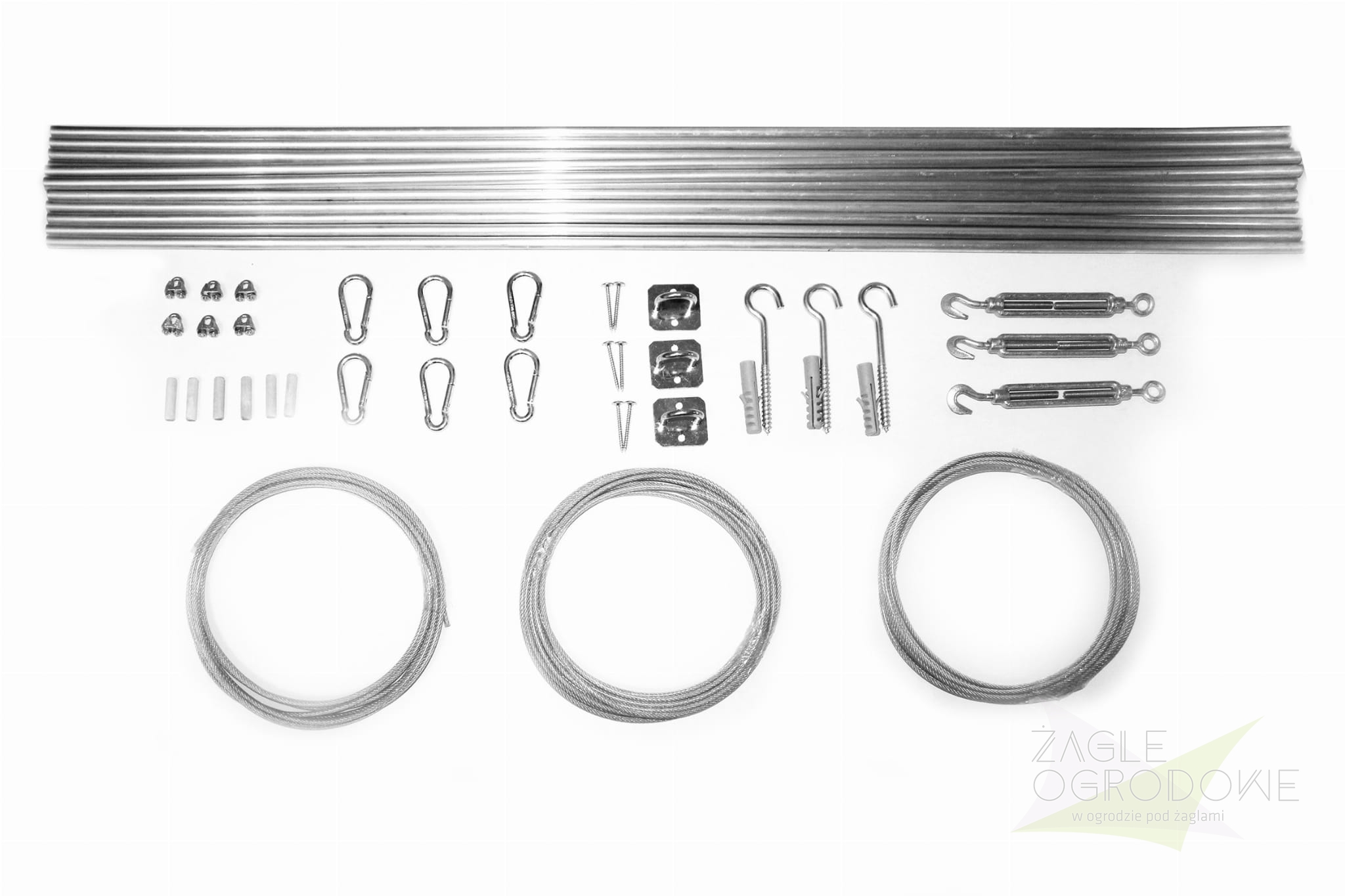 Kit de montage pour store romain de terrasse 3x3 m avec câbles, mousquetons, tubes et tendeurs