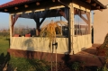 Beigefarbene, transparente Plane nach Maß als Schutz für einen Gartenpavillion aus Holz an einem sonnigen Tag
