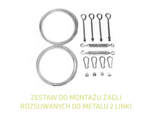 Montážna súprava pre výsuvné slnečné plachty s dvoma oceľovými lankami, napínačmi, karabínami a svorkami