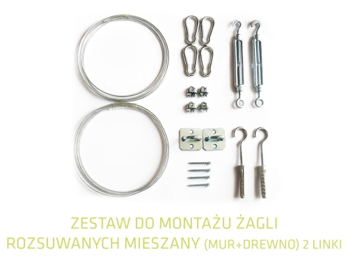Montážna sada pre sieniace plachty na lankách do steny a dreva – oceľové lanká, napínače a karabíny