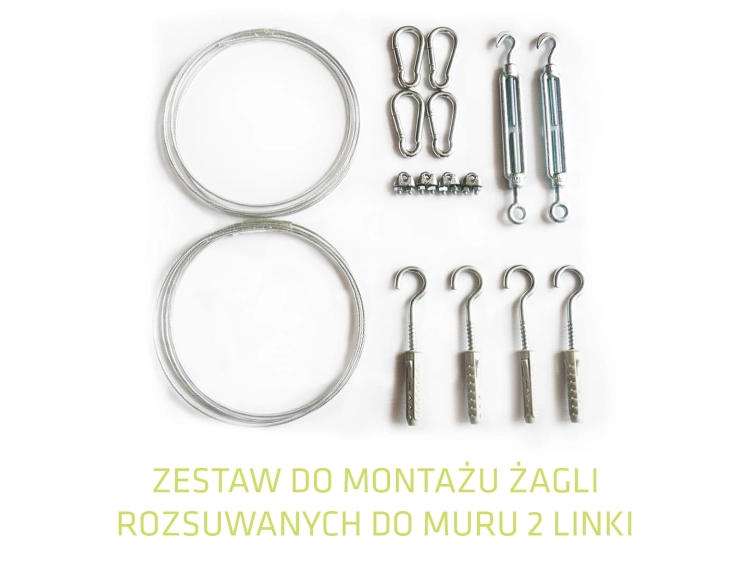Montageset für Seilspannmarkisen an der Wand: 2 Stahlseile, Karabiner, Spannschlösser und Wandhaken mit Dübeln