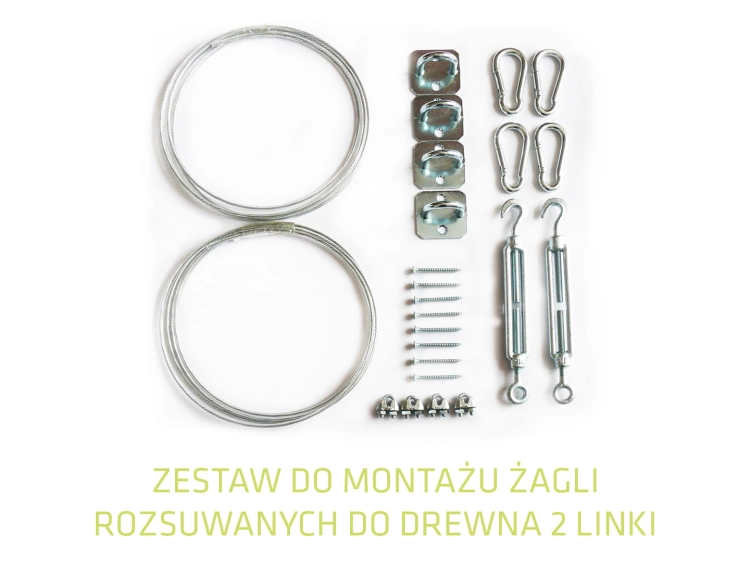 Montážna sada pre posuvné plachty na drevo s oceľovými lankami, karabínami, napínačmi a úchytmi