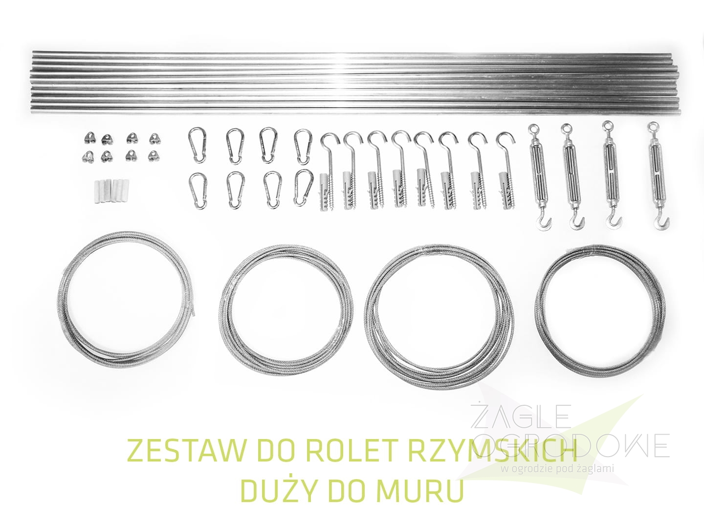 Kit de montage pour stores bateaux avec tiges, câbles en acier, mousquetons et tendeurs muraux