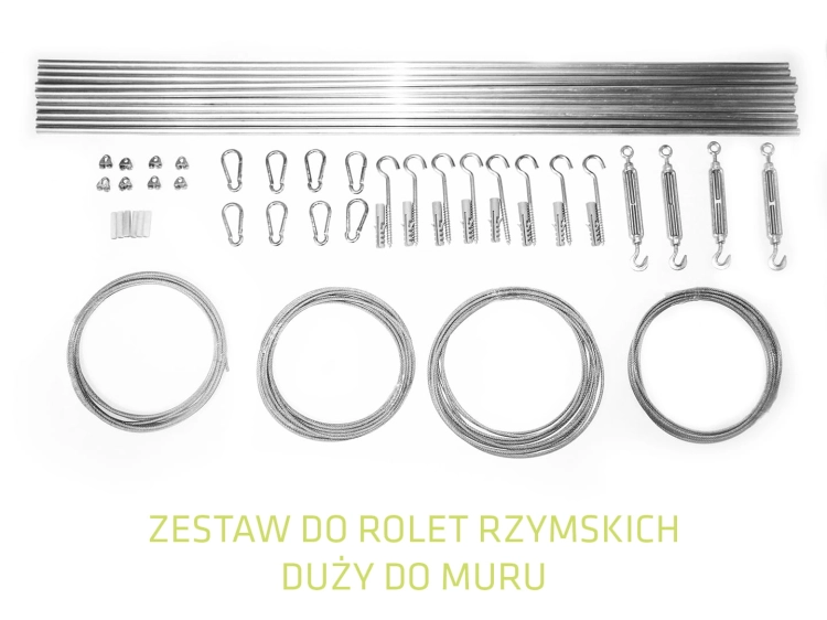 Kit de montage pour stores bateaux avec tiges, câbles en acier, mousquetons et tendeurs muraux