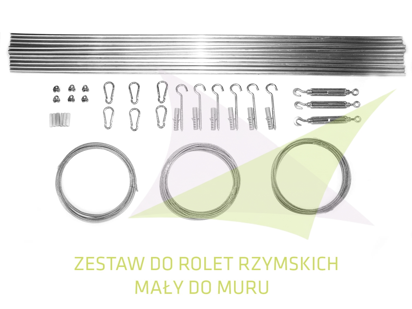 Montageset für horizontale Raffrollos mit Seilen, Stäben, Haken und Spannern für die Wandmontage