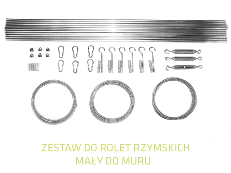 Kit de montage pour store bâteau horizontal avec câbles, tiges, crochets et tendeurs pour montage mural