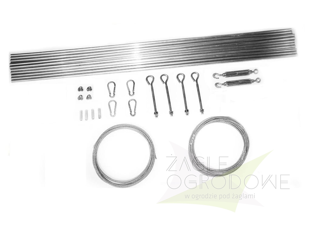 Kit de montage pour store boucher horizontal : câbles en acier, tiges de renfort, mousquetons et tendeurs
