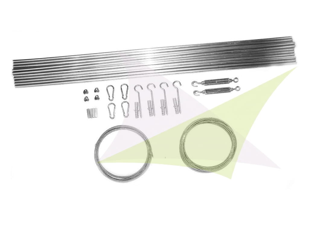 Montageset für horizontale Raffrollos mit Stahlseilen, Versteifungsrohren, Haken und Spannern