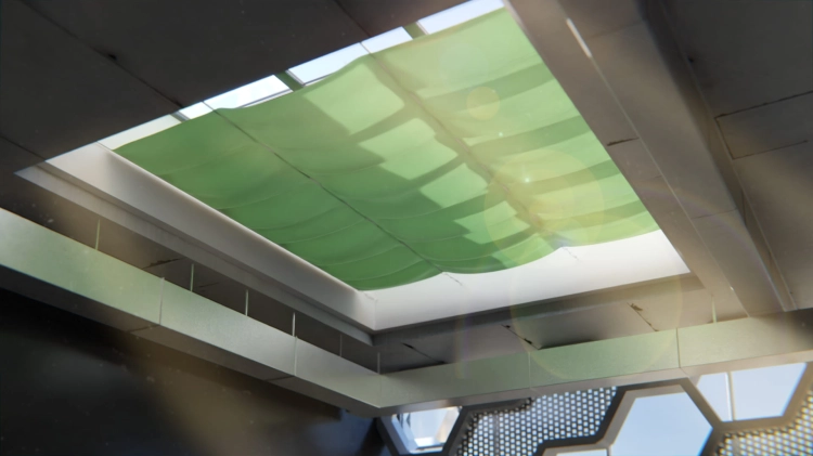 Parasol verde a medida instalado bajo el lucernario para proporcionar sombra en el interior del edificio