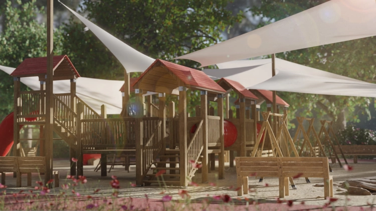 Voiles d'ombrage imperméables sur mesure au-dessus d'une aire de jeux en bois dans un jardin ensoleillé