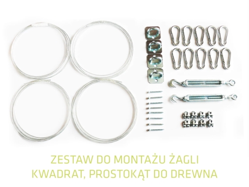 Kit de montage pour voile d'ombrage sur bois : câbles d'acier, mousquetons, tendeurs et plaques à œil