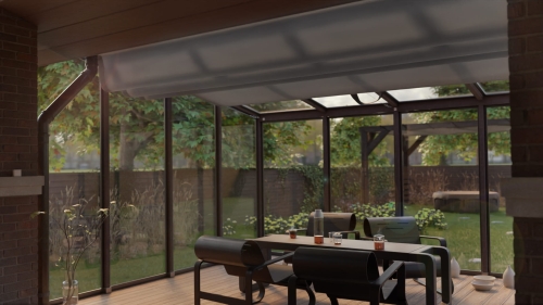 Store banne horizontal sur mesure installé sous le toit de verre d'une véranda moderne
