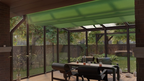 Store horizontal solaire vert sur mesure installé sous le toit en verre d'une véranda moderne