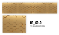 Goldene Balkonverkleidung mit modernem, dreidimensionalem Wabenmuster in Hexagon-Form