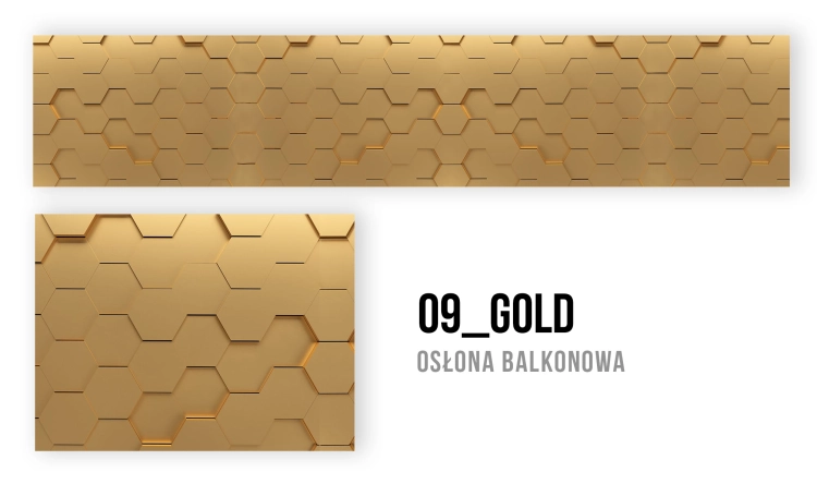 Zlatá balkónová clona s moderným trojrozmerným voštinovým vzorom v tvare hexagónov