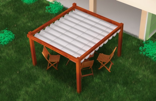 Store romain de terrasse imperméable en PVC blanc monté sur une pergola en bois dans un jardin
