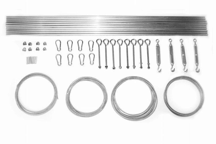 Kit de montage pour store bâteau de terrasse : câbles en acier, tiges de renfort, mousquetons et tendeurs