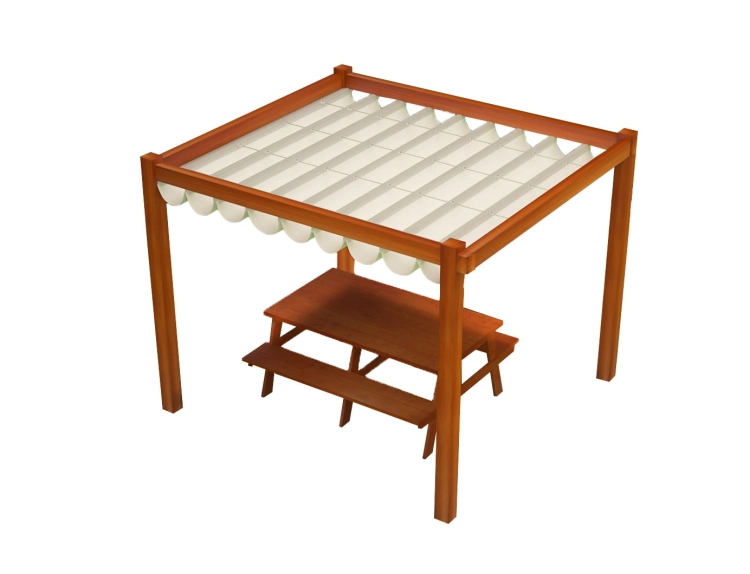 Store romain de terrasse en PVC imperméable sur mesure installé sur une pergola en bois au-dessus d'une table de jardin