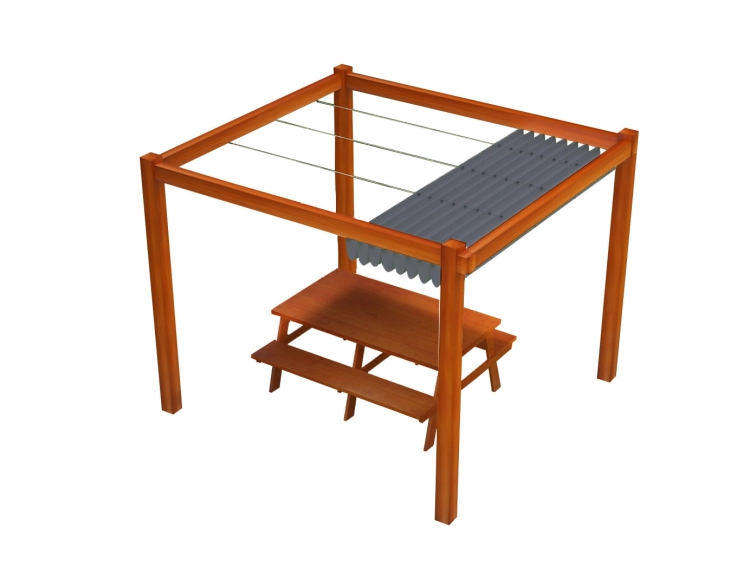 Store romain de terrasse gris en PVC imperméable sur une pergola en bois avec ensemble table et bancs