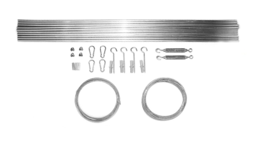 Kit de montage pour store romain de terrasse : câbles d'acier, tiges, mousquetons, tendeurs et chevilles