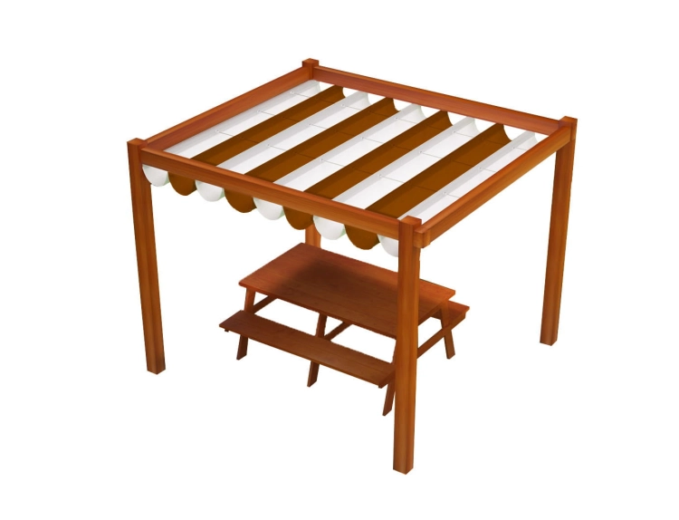Store romain de terrasse imperméable en PVC à rayures blanc et marron monté sur une pergola en bois avec banc