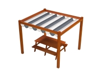 Store romain de terrasse en PVC imperméable à rayures blanc-gris monté sur une pergola en bois au-dessus d'une table de pique-nique
